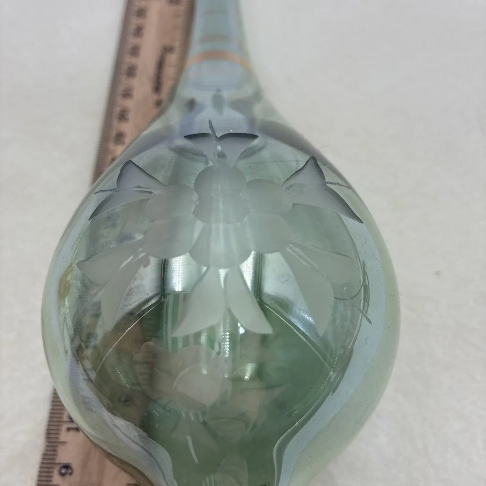 Vintage Egyptian Hand Blown Glass Ornament Green Etched Floral Gold Trim 9.75